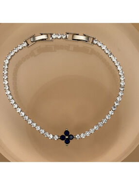 candy+clover dark blue crystal and rhinestone floral silver tone tennis bracelet